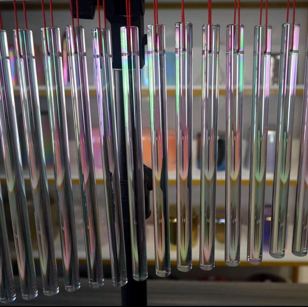 Clear Crystal Bar Chimes with Stand – Sound Healing Instrument, F Pentatonic Scale, Energy Clearing, Meditation, Chakra Balancing, Sacred To