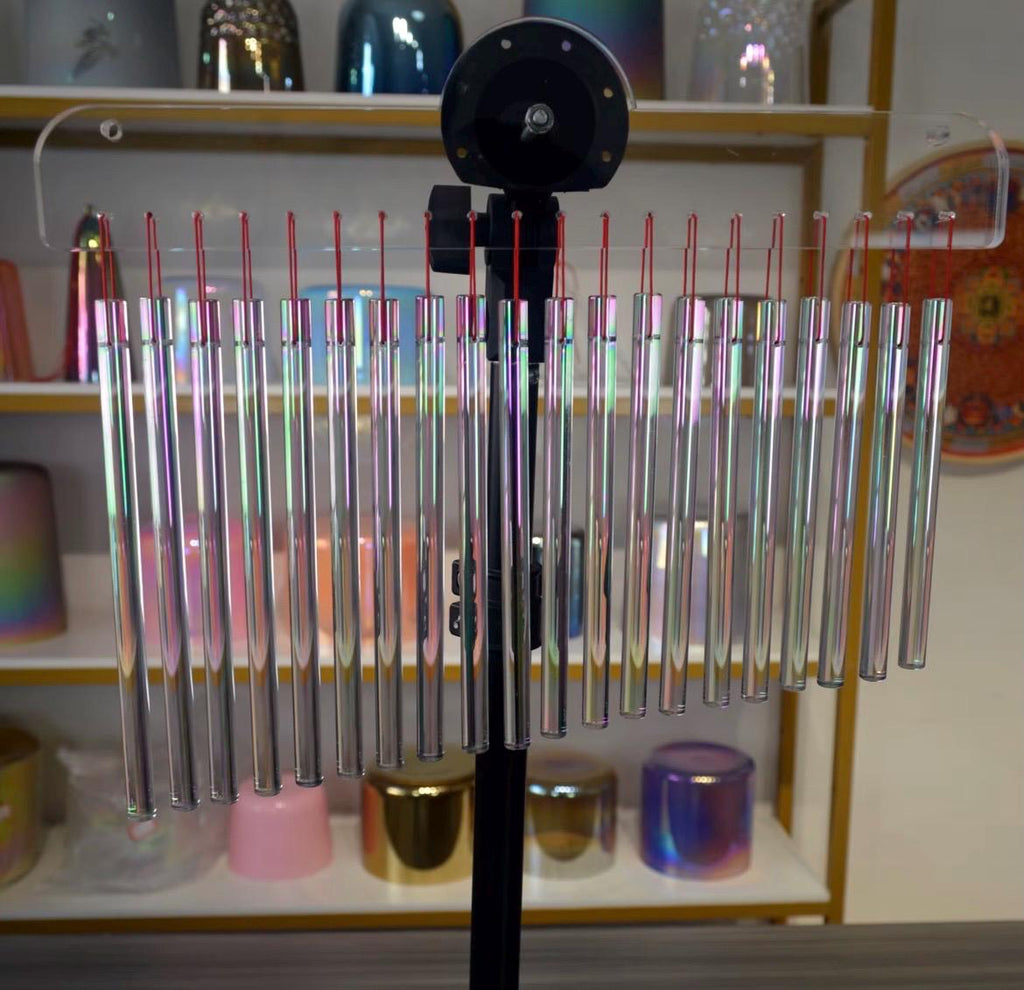 Clear Crystal Bar Chimes with Stand – Sound Healing Instrument, F Pentatonic Scale, Energy Clearing, Meditation, Chakra Balancing, Sacred To